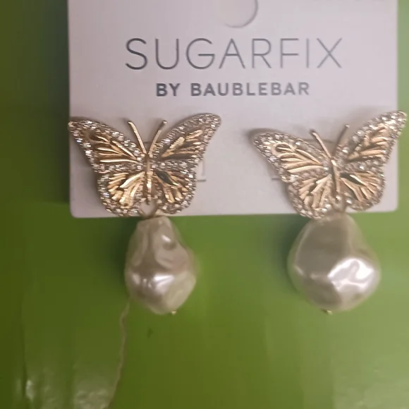 SUGARFIX by BAUBLEBAR Crystal Wings Butterfly & Pearl Drop Earrings.  Beautiful - Picture 2 of 2